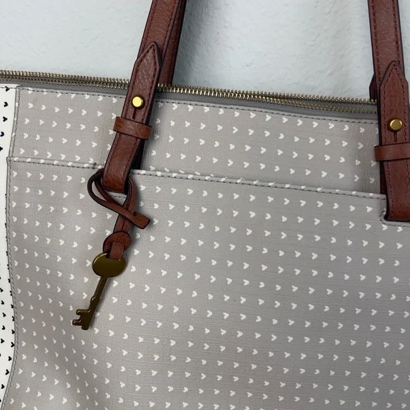 Fossil Emma Tote Bag Dual Straps Brown Handles Patterned Gray White Black NWOT - Picture 5 of 12